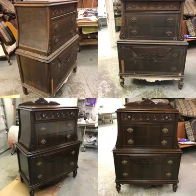 Before and after restoration of an ornate antique chest of drawers
