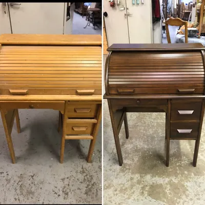 Before and after refinishing of a child-size roll-top desk