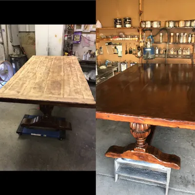 Before and after refinishing of a large pedestal dining table