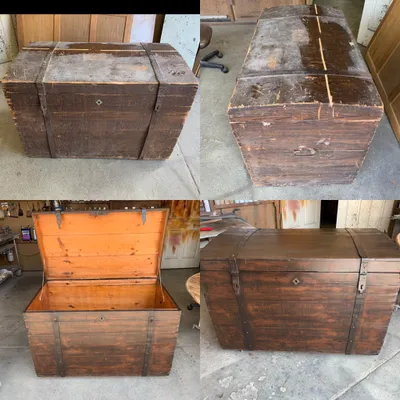 Before and after restoration of a domed-top antique wooden trunk