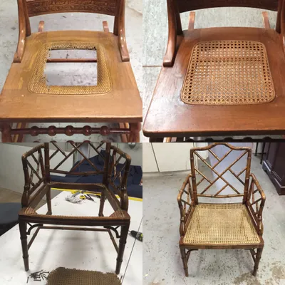 Before and after cane seat replacement on antique chairs