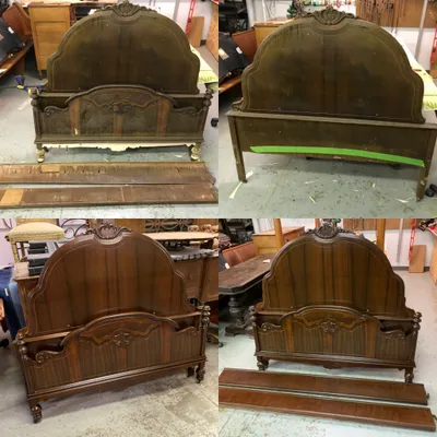 Before and after restoration of a carved antique bed frame with rails