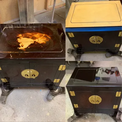 Before and after restoration of a black lacquer Asian cabinet with brass hardware