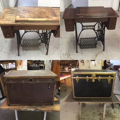 Before and after restoration of a Singer sewing machine table and antique trunk