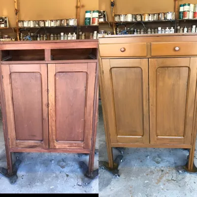 Before and after restoration of a vintage jelly cabinet with two-tone finish