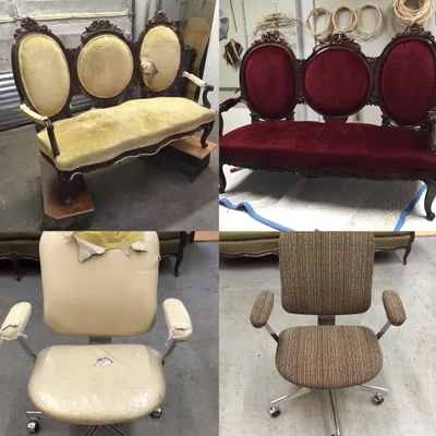 Before and after reupholstery of a Victorian settee and vintage office chair