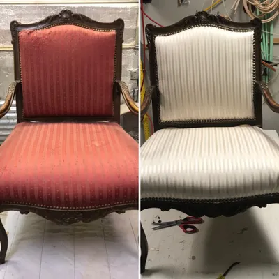 Before and after reupholstery of a carved Victorian parlor chair