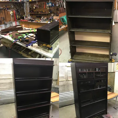 Before and after restoration of a vintage metal bookcase