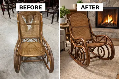 Before and after restoration of a bentwood rocking chair with new caning