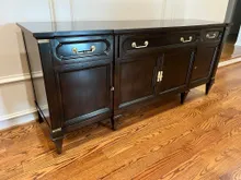 Refinished credenza with dark ebony finish and brass hardware