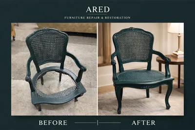 Before and after restoration of a green cane-back armchair with new caning