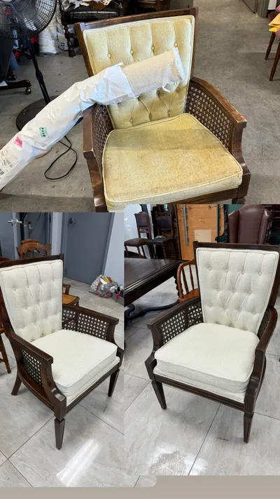 Before and after reupholstery of tufted cane-side armchairs in cream fabric