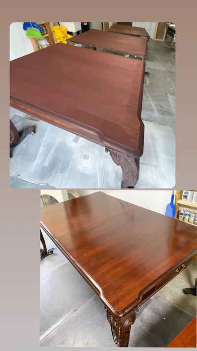 Before and after refinishing of a formal dining table with carved legs