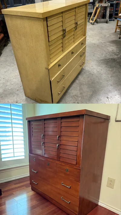 Before and after refinishing of a mid-century louvered dresser from light to dark walnut