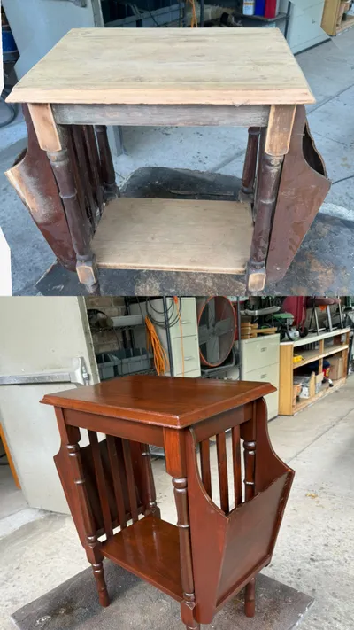 Before and after restoration of a turned-leg side table with magazine rack pockets
