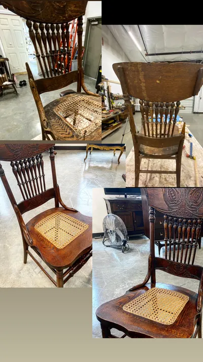 Before and after cane seat repair on a pressed-back spindle chair