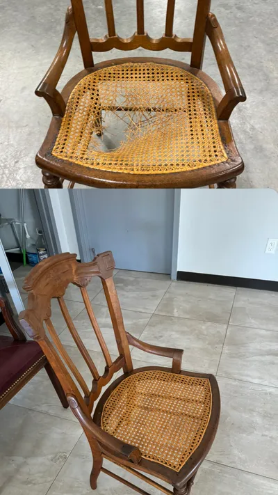 Before and after cane seat replacement on an antique armchair