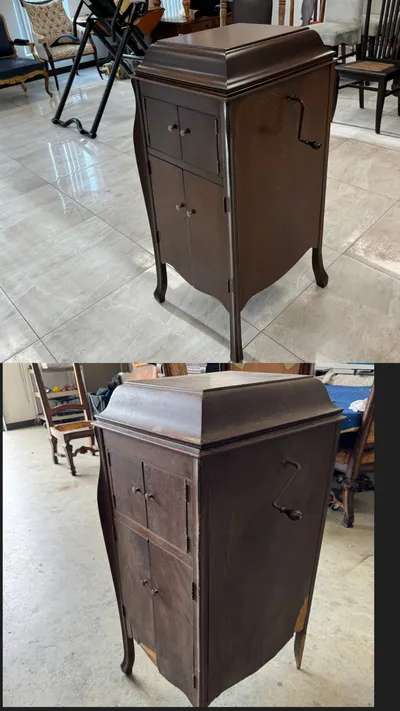 Before and after restoration of a vintage phonograph cabinet with cabriole legs