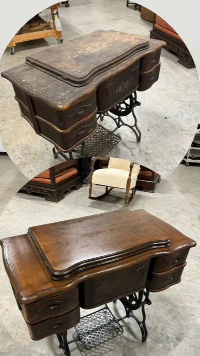Before and after restoration of an ornate sewing machine desk with iron treadle base