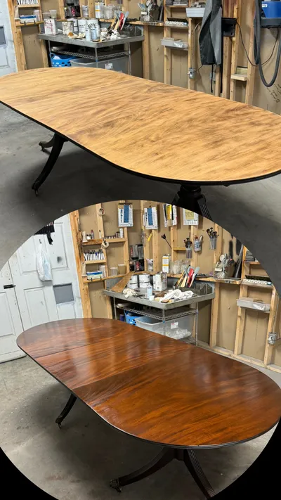 Before and after refinishing of a large oval pedestal dining table
