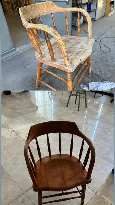 Before and after refinishing of a barrel-back spindle chair