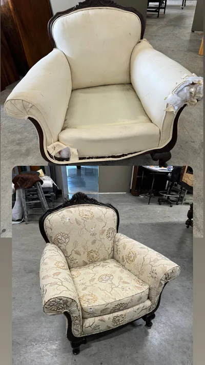 Before and after reupholstery of a Victorian armchair with floral fabric