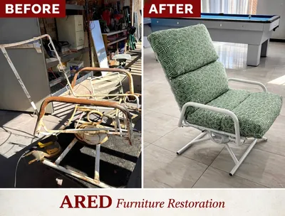 Before and after restoration and reupholstery of a metal patio lounge chair