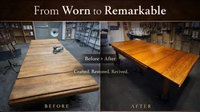 Before and after refinishing of an oak dining table with restored wood grain