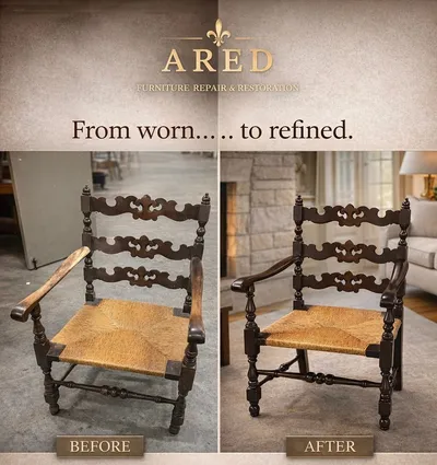 Before and after rush seat replacement on a carved ladderback chair