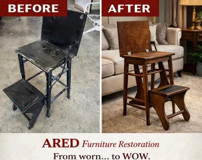 Before and after refinishing of a convertible step stool chair