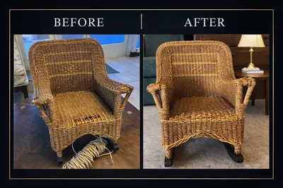 Before and after wicker rocking chair repair with new weaving
